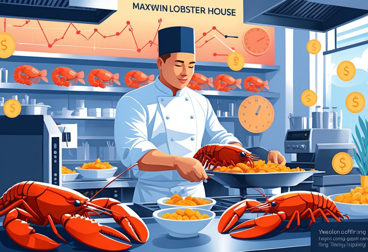 Seorang koki sedang menyiapkan lobster segar di dapur restoran seafood yang sibuk dan hangat.