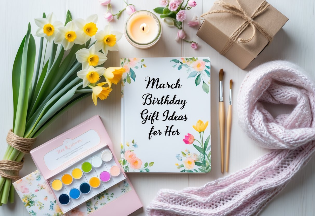 Flat lay of spring flowers, a handmade journal, watercolor paints, a knitted scarf, and a scented candle arranged on a light wooden surface.