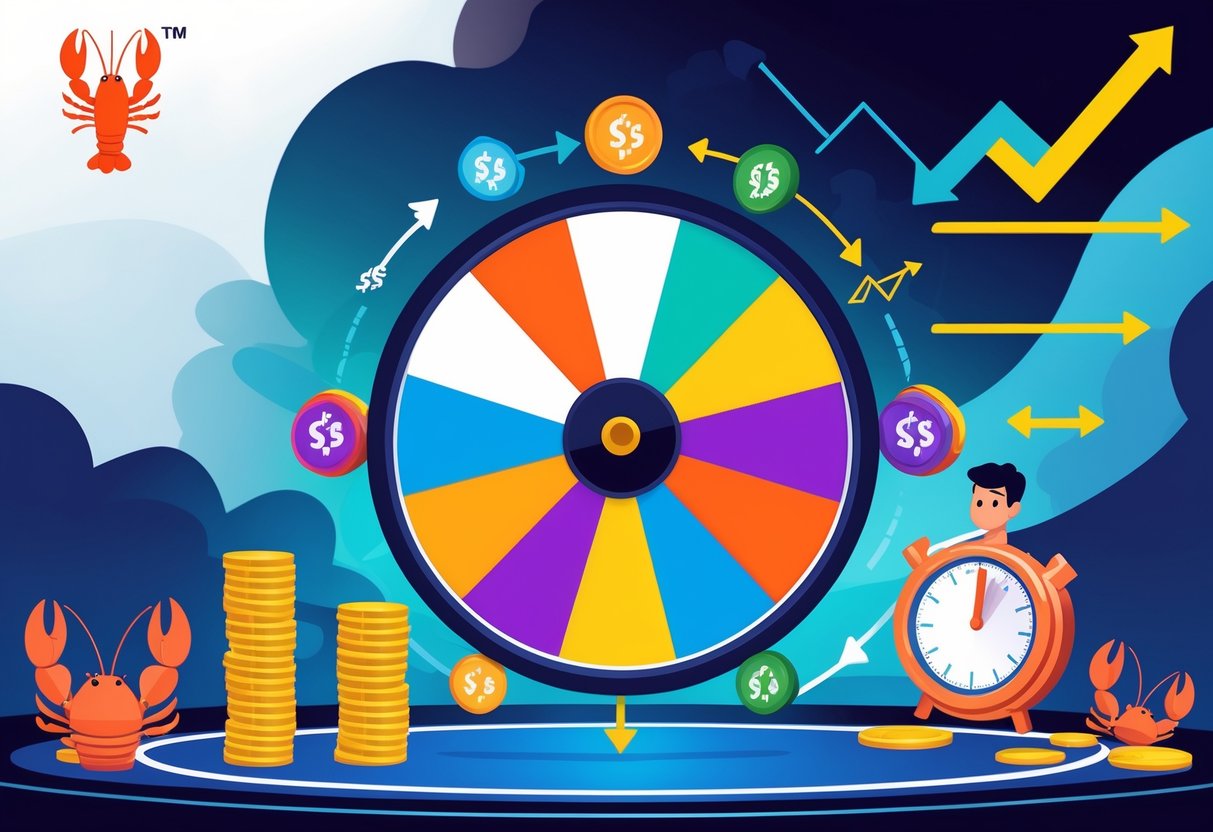 Seorang pria sedang menganalisis roda putar berwarna-warni dengan tumpukan koin dan jam sebagai simbol modal dan waktu yang tepat.