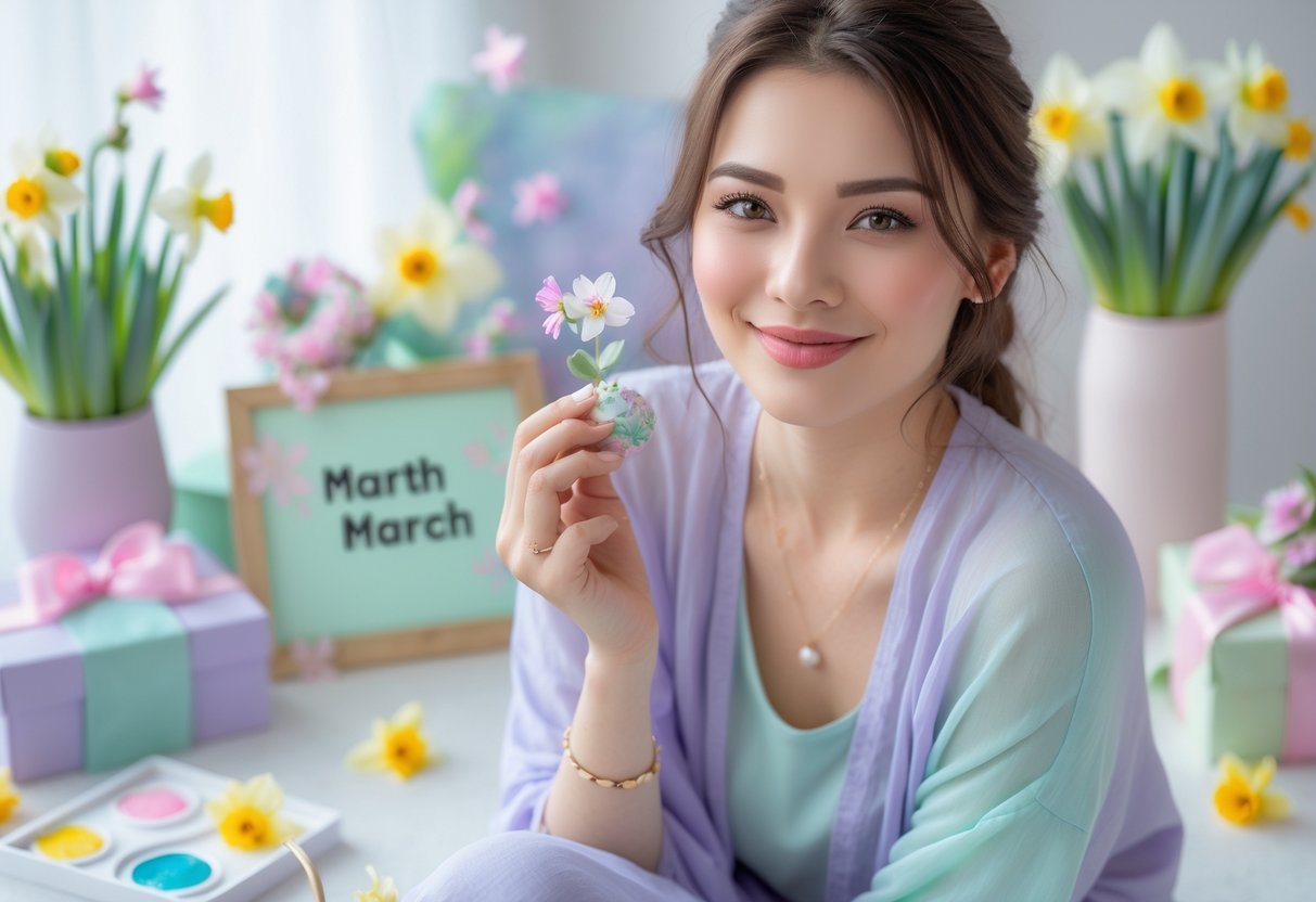 A young woman smiling gently surrounded by spring flowers and artistic birthday gifts in a bright, natural setting.