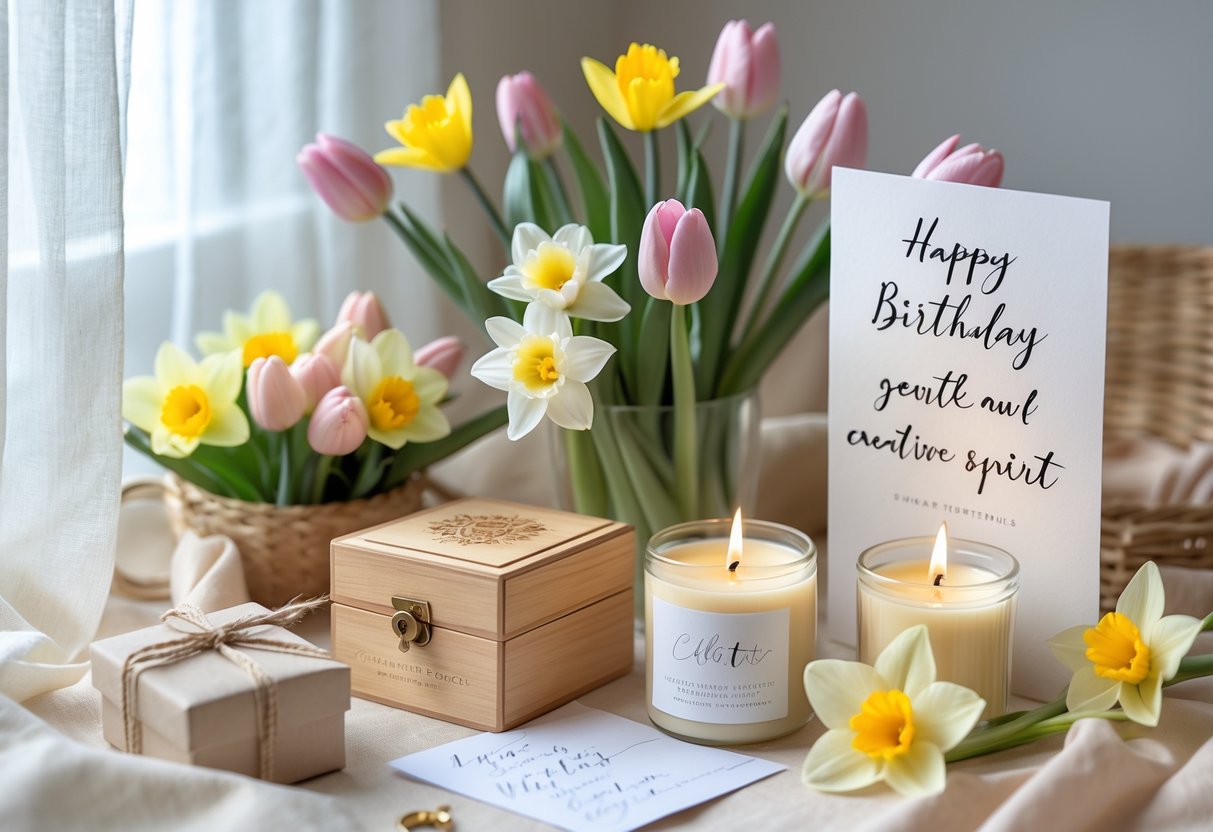 A cozy scene with personalized birthday gifts including a wooden jewelry box, fresh spring flowers, a handwritten card, and artisanal candles on a softly lit table.