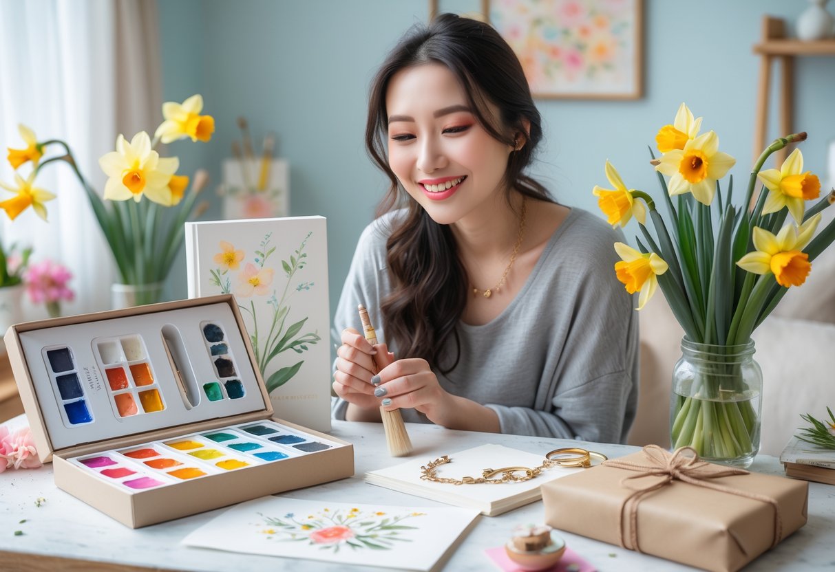 A young woman smiling and holding artistic birthday gifts in a cozy room decorated with spring flowers.