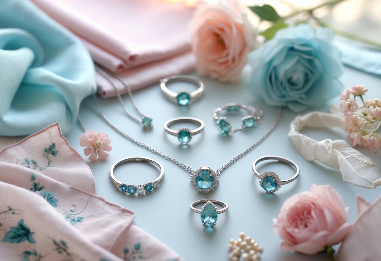 An elegant display of aquamarine jewelry and pastel-colored fashion accessories arranged on a soft surface with natural lighting.