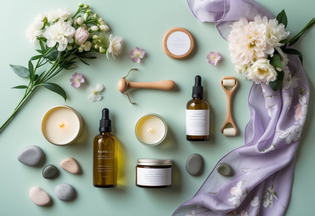 A flat lay of skincare and wellness gifts including facial oils, moisturizer, a facial roller, a scented candle, flowers, a silk scarf, and smooth stones on a pastel background.