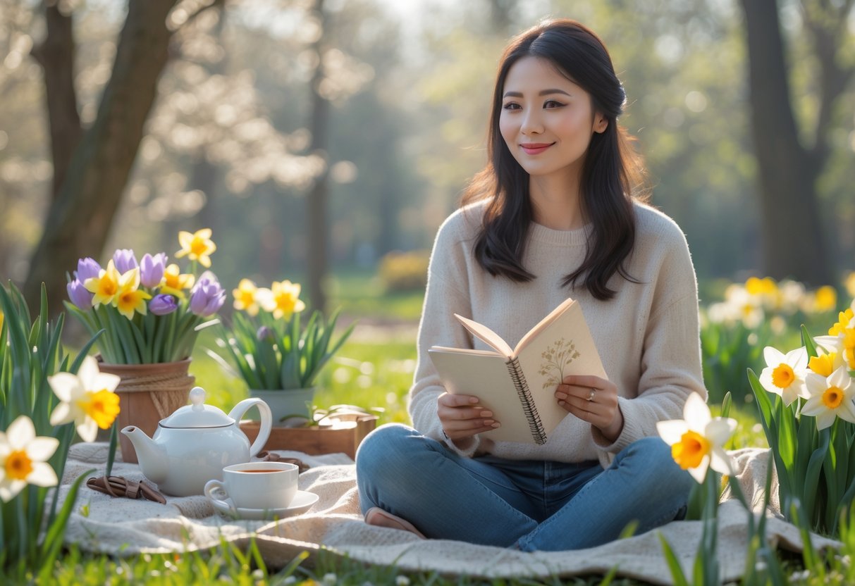 A young woman sitting in a sunlit garden surrounded by spring flowers, holding a handmade journal with a cozy picnic setup nearby.
