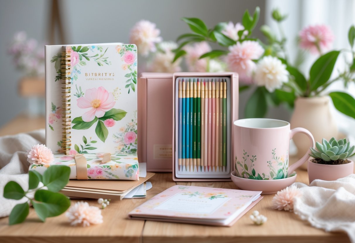 A wooden table with a journal, colored pencils, watercolor paints, a ceramic mug, and a small potted succulent surrounded by spring flowers and green leaves.