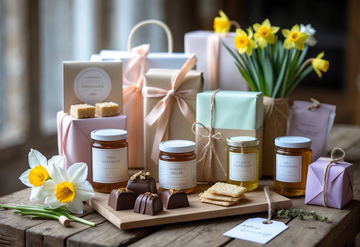 A collection of artisanal food and drink gifts with flowers and pastel wrapping on a wooden table.