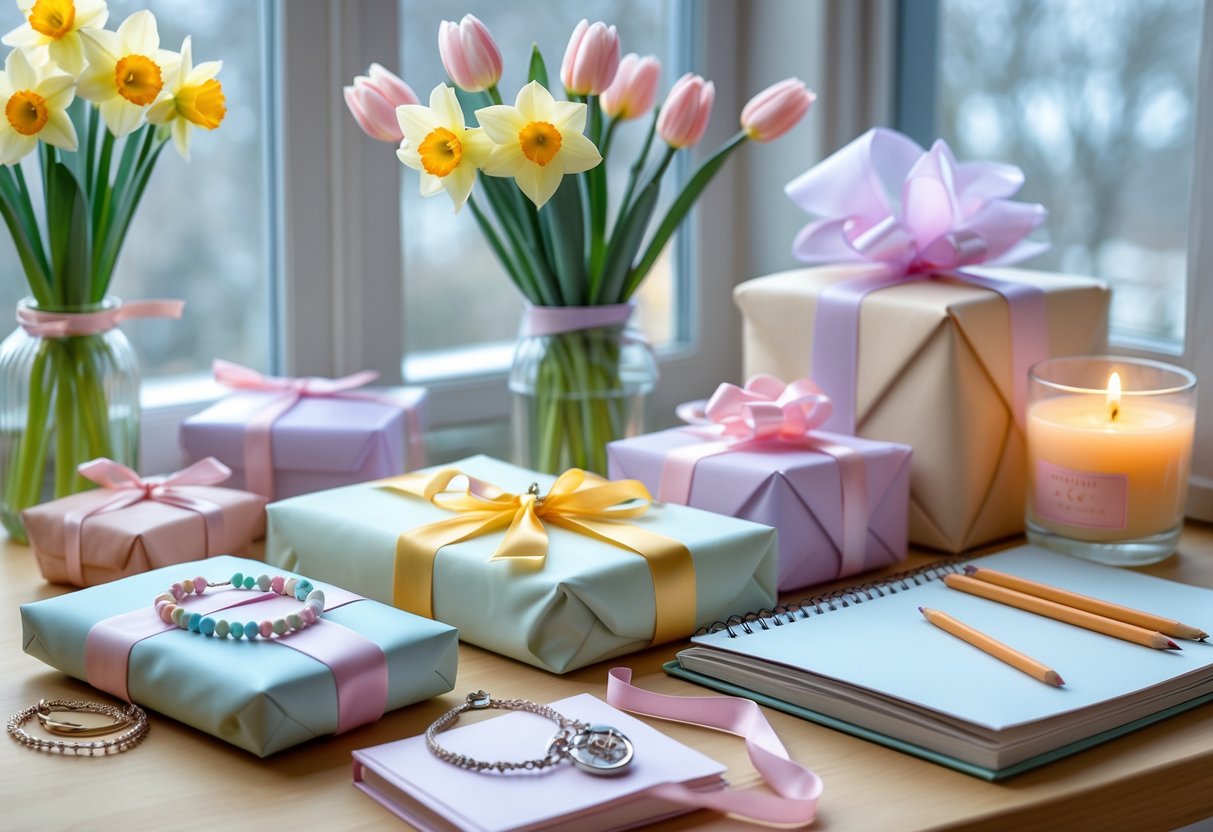 A table with pastel-colored jewelry, spring flowers, wrapped gifts, a sketchbook with colored pencils, and a lit candle, all arranged thoughtfully.