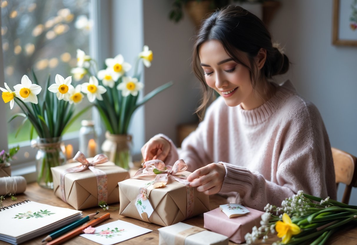 A young woman gently opening a beautifully wrapped birthday gift at a wooden table surrounded by flowers and art supplies.