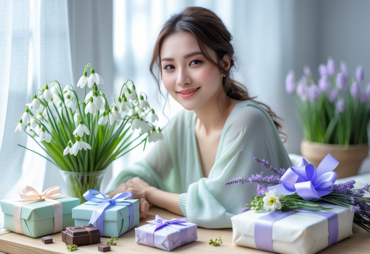 A young woman smiling softly at a table with spring flowers, a handcrafted journal, chocolates, and a wrapped gift in a softly lit room with plants.