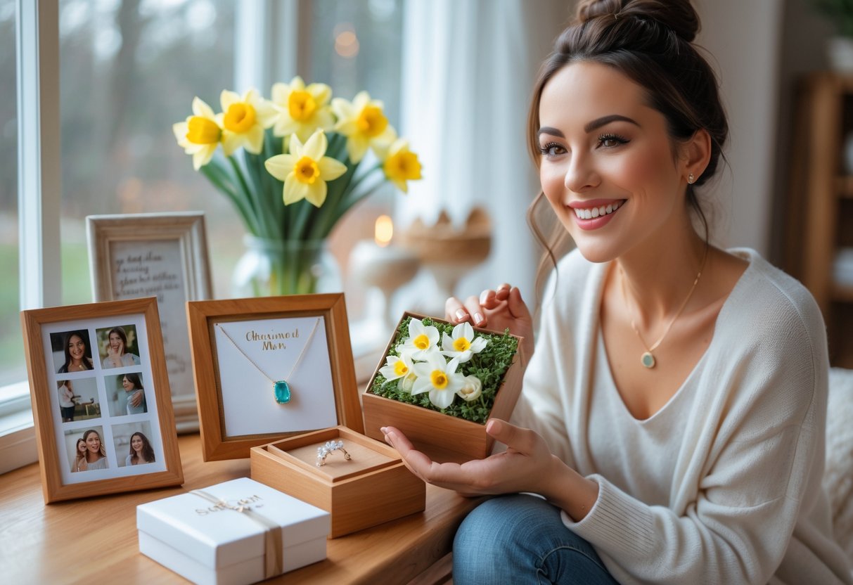 A smiling woman holding a personalized birthday gift surrounded by flowers and other customized presents on a wooden table.
