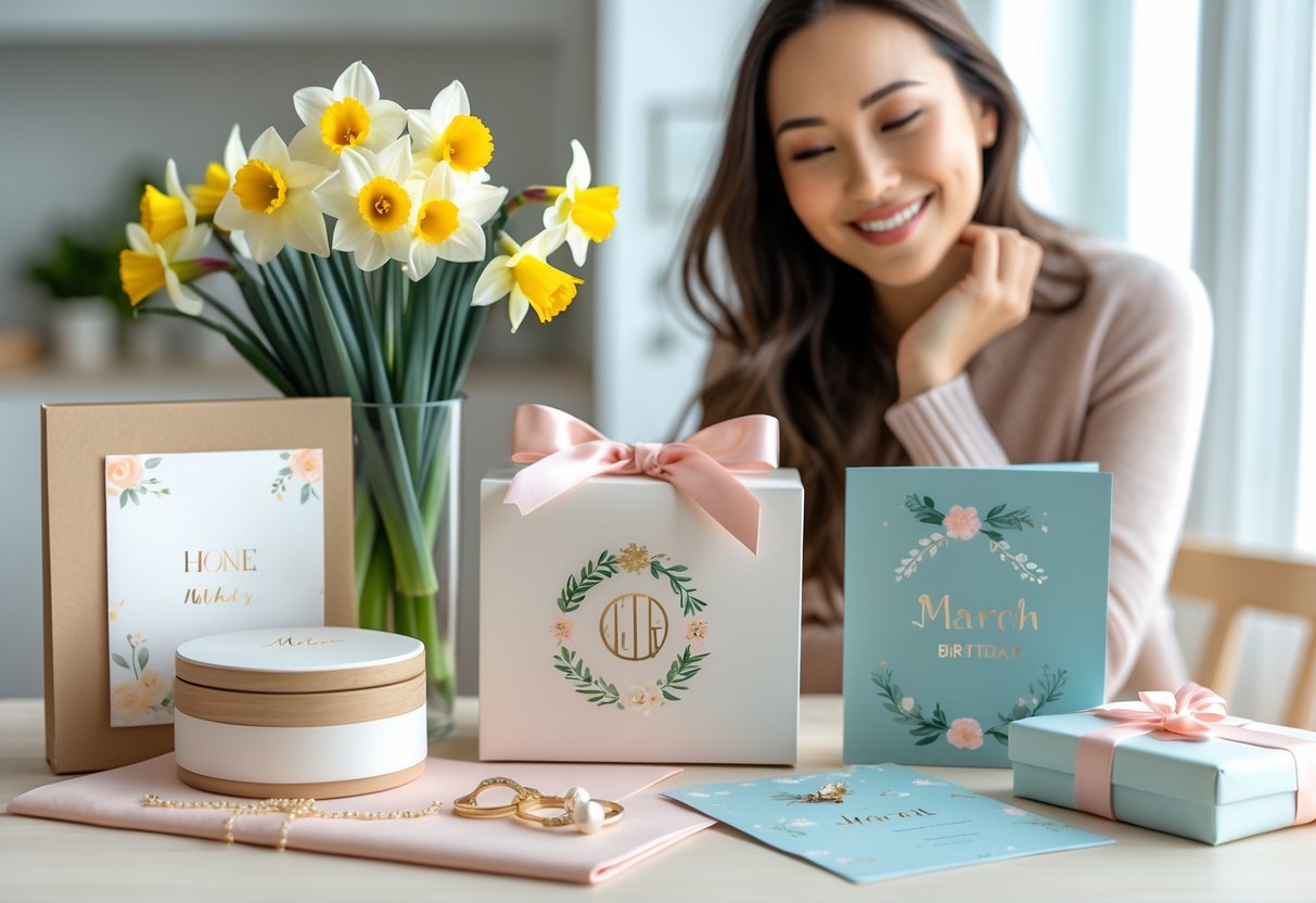 A smiling woman holding a personalized gift surrounded by customized March birthday presents including daffodil flowers, an engraved jewelry box, and a monogrammed scarf on a wooden table.