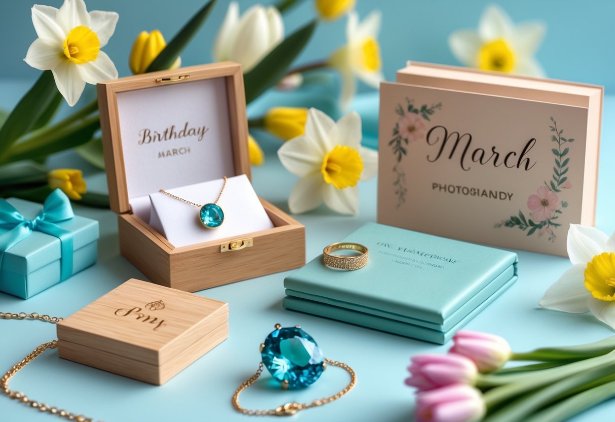 A collection of personalized birthday gifts including a gemstone necklace, engraved wooden box, custom planner, and a floral birthday card arranged on a table with spring flowers in the background.