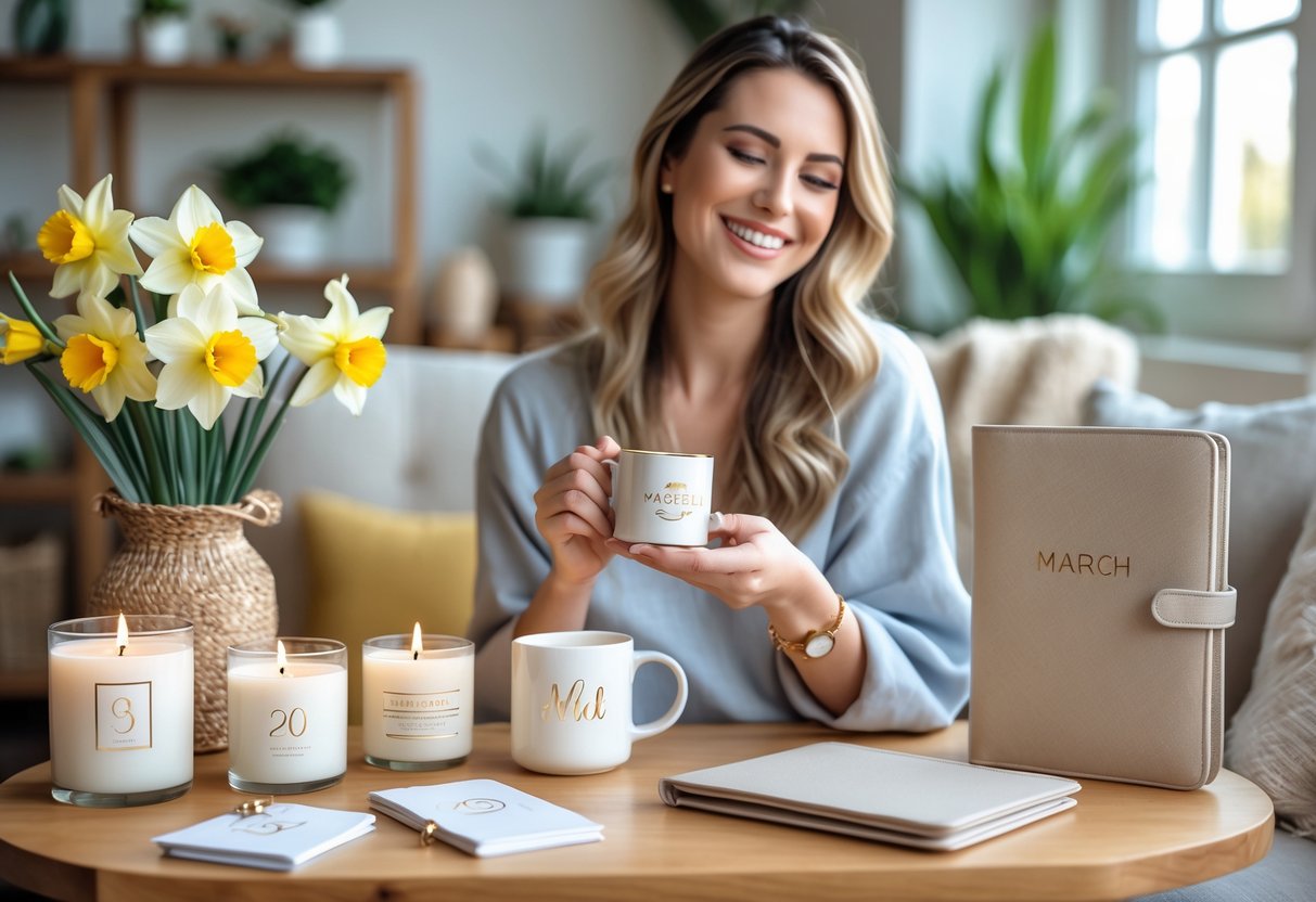 A woman smiling while holding a personalized gift surrounded by customized home and lifestyle items on a wooden table in a cozy living room.