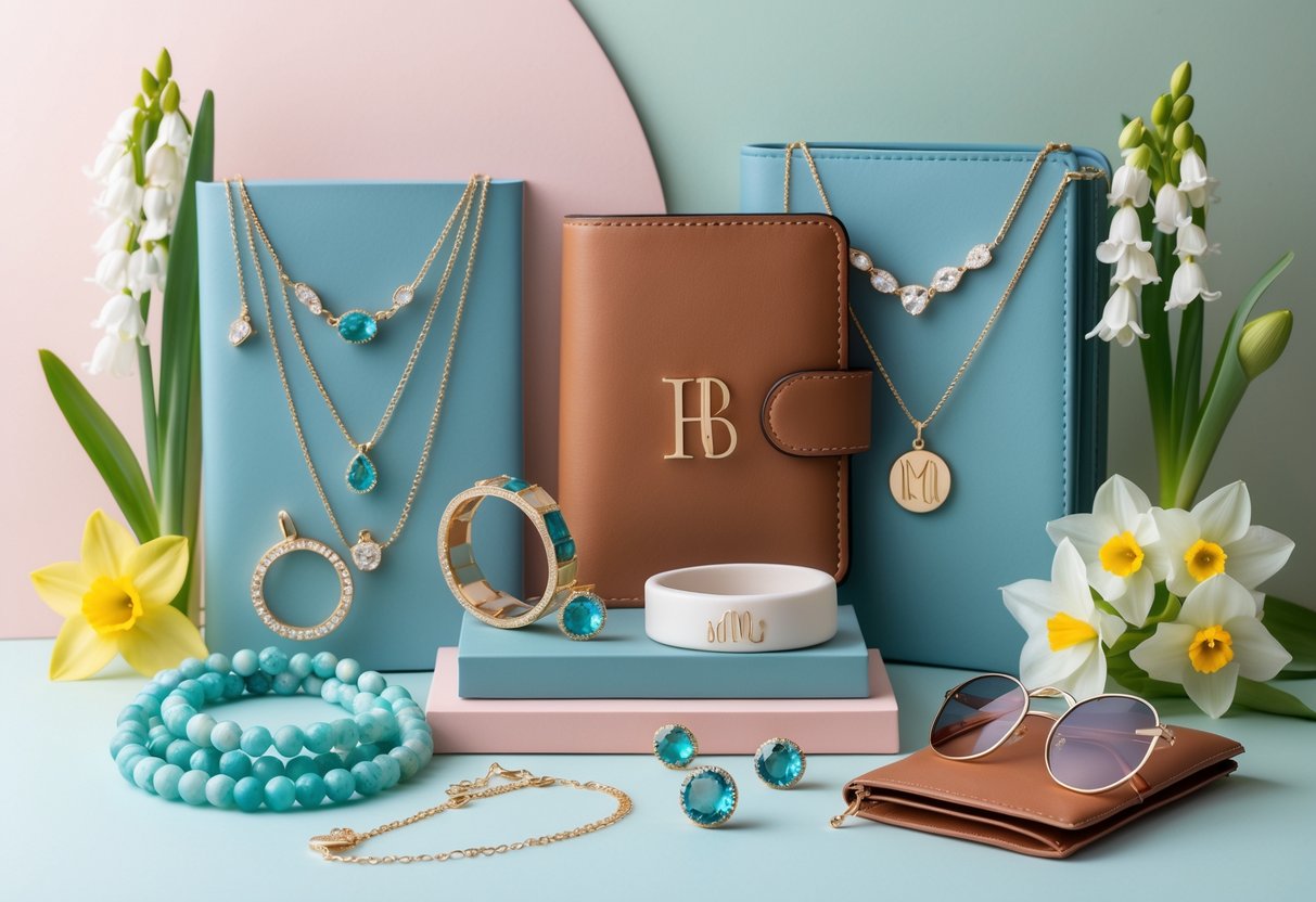 A collection of personalized jewelry and accessories arranged with spring flowers on a pastel background.