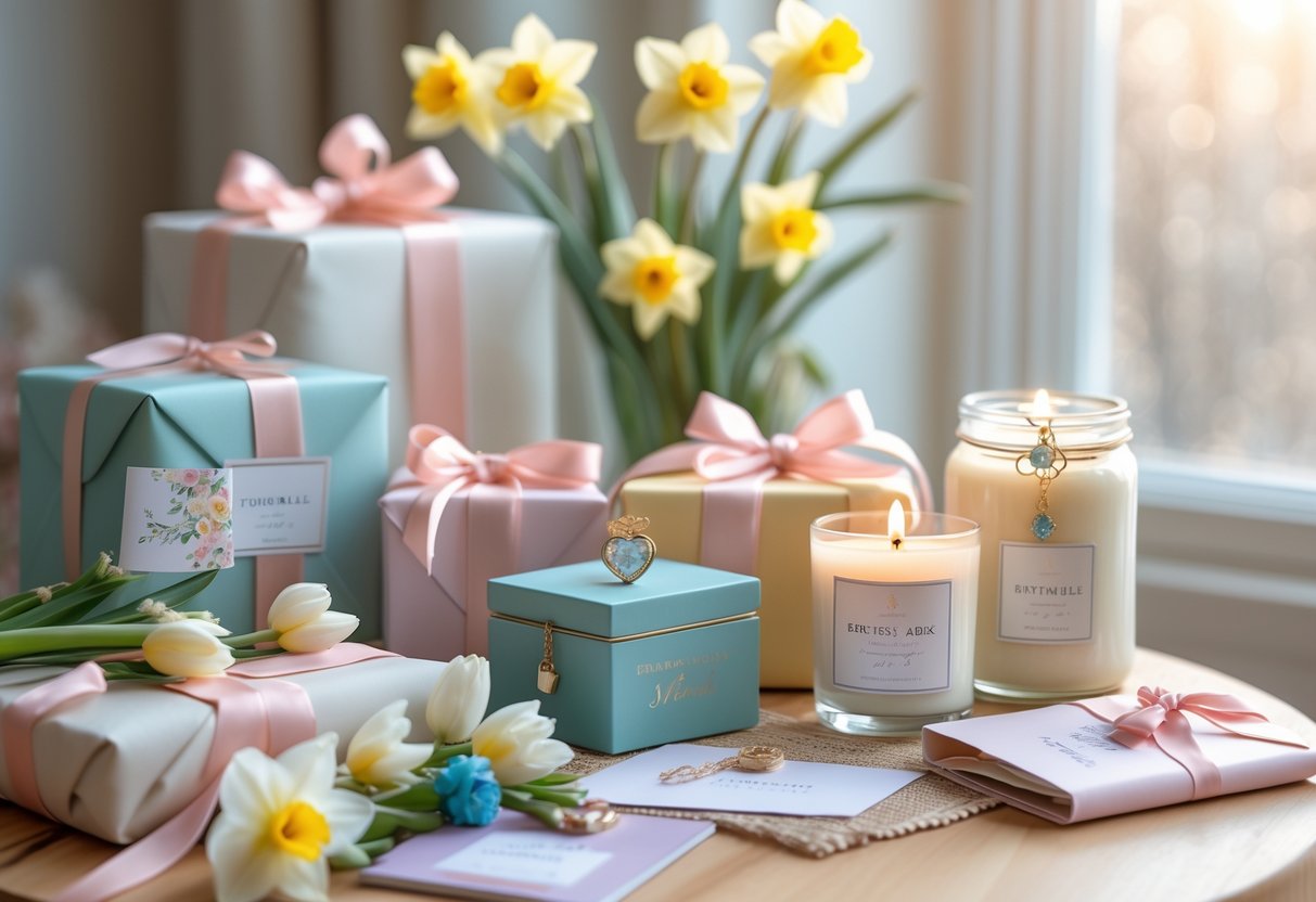 A table with personalized gifts and spring flowers arranged for a March birthday celebration for her.