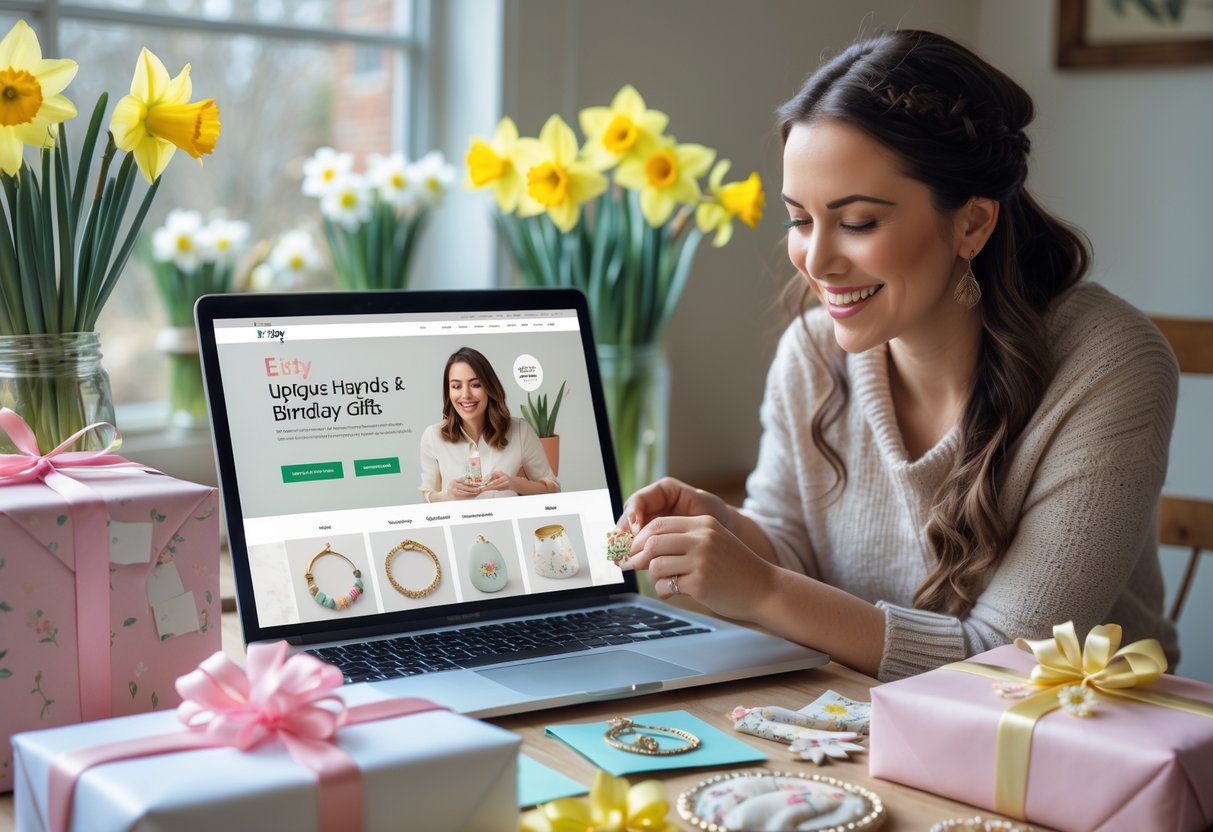 A woman choosing handcrafted birthday gifts at a bright workspace with a laptop showing Etsy and spring-themed decorations around.