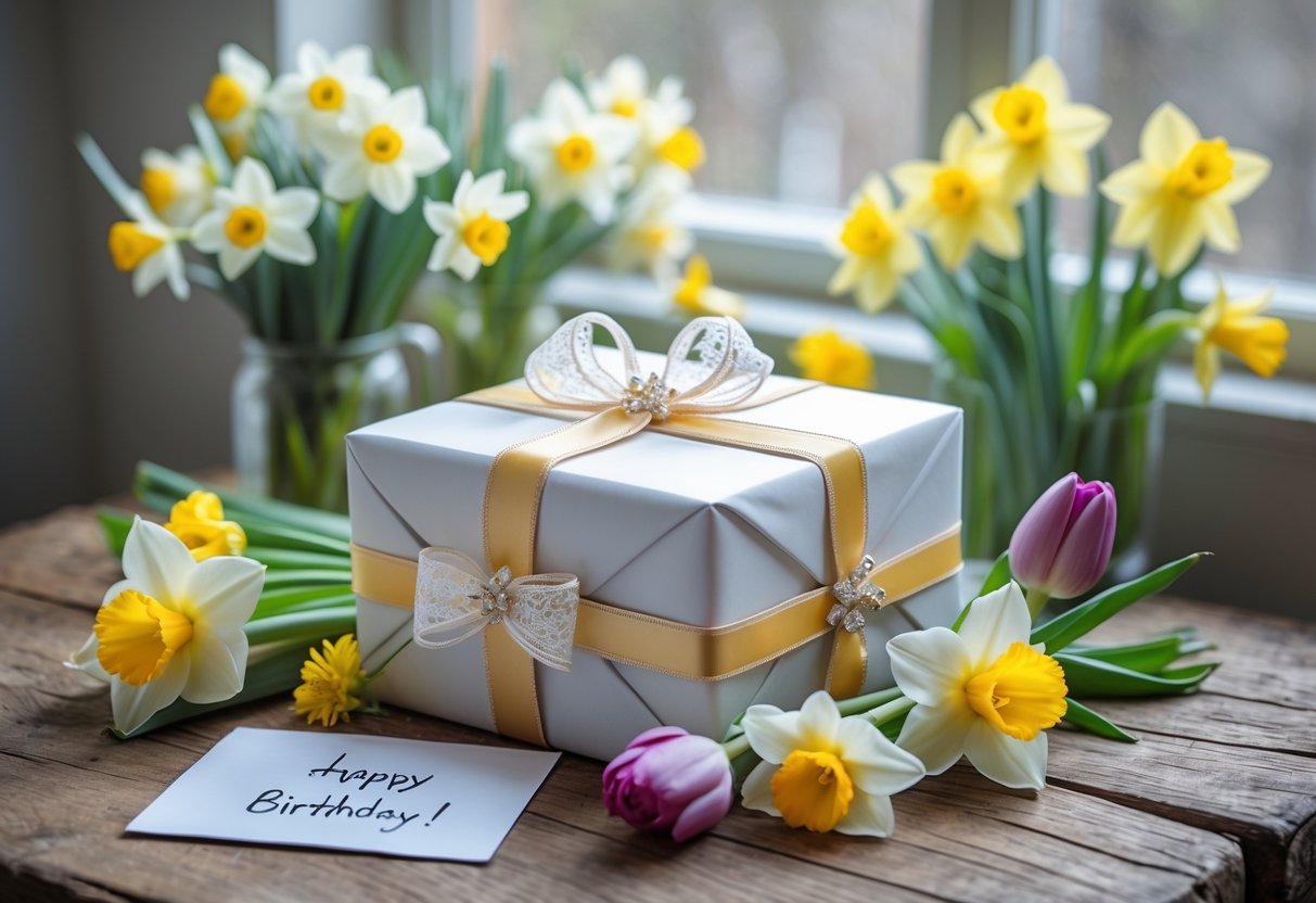 A wrapped birthday gift with ribbons and spring flowers on a wooden table near a handwritten card.