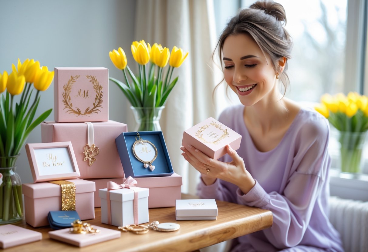 A woman smiling as she holds a personalized gift among a table of customized birthday presents decorated with spring flowers.