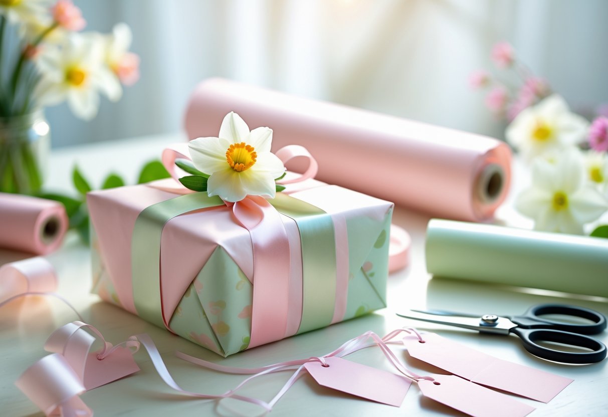 A neatly wrapped gift box with pastel wrapping paper and a ribbon on a table surrounded by wrapping supplies and spring flowers.