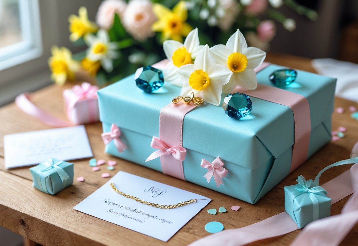 A beautifully wrapped birthday gift with spring-themed decorations and personalized items on a wooden table, surrounded by flowers and pastel decorations.