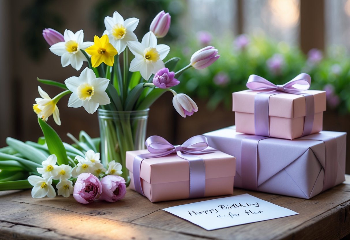 A bouquet of spring flowers and wrapped birthday gifts arranged on a wooden table with soft natural light.
