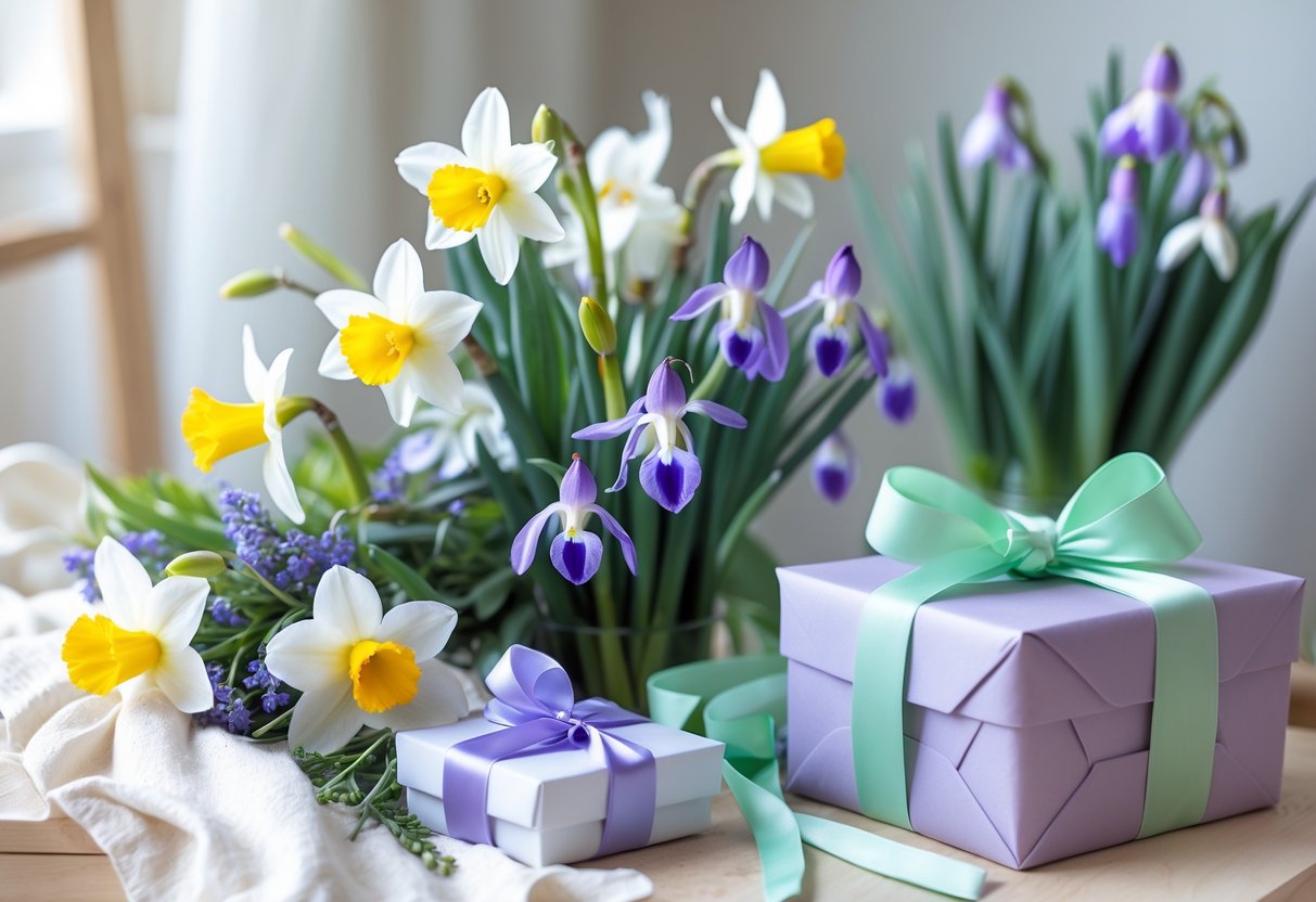 A bouquet of spring flowers including daffodils and irises beside wrapped gift boxes with ribbons on a softly lit surface.