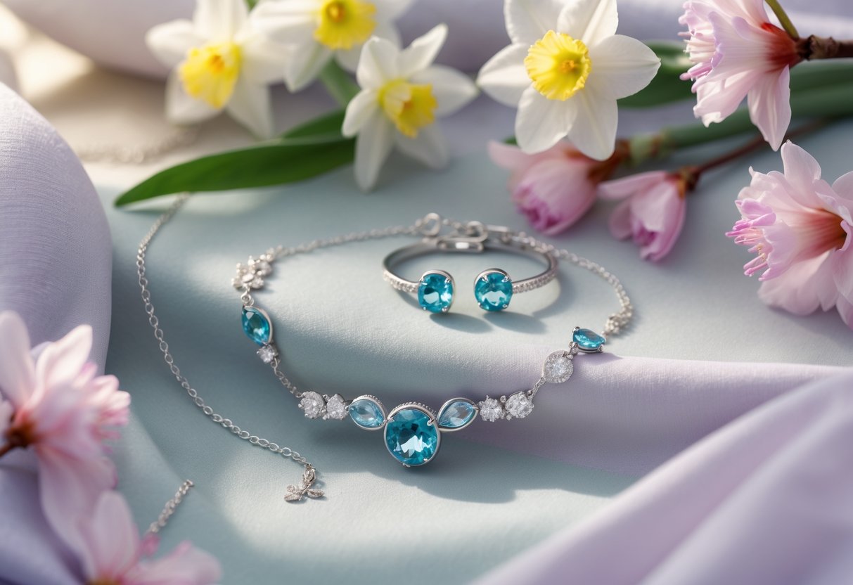 Close-up of personalized aquamarine jewelry with spring flowers on a soft fabric background.