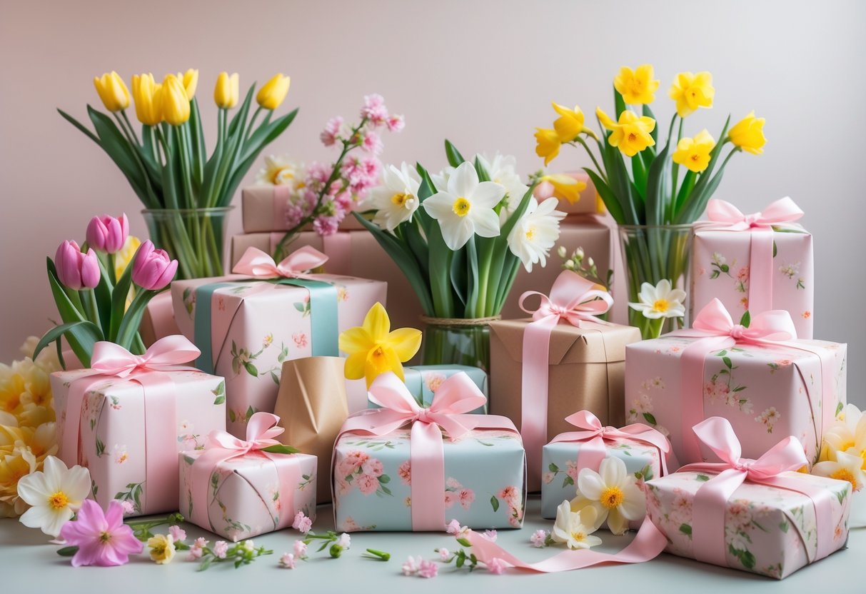 A collection of elegantly wrapped birthday presents decorated with flowers and surrounded by fresh spring blooms on a pastel background.