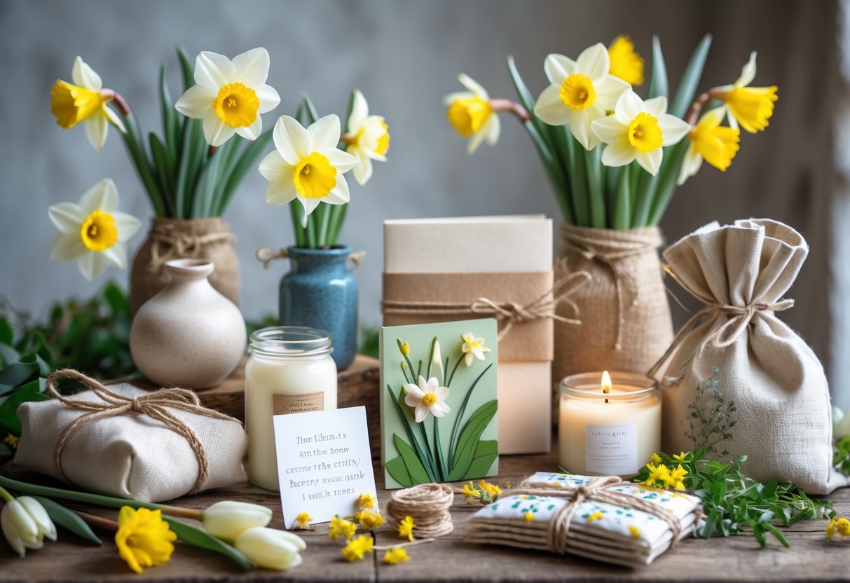 A collection of handmade gifts and spring flowers arranged on a wooden table, representing thoughtful March birthday presents for her.