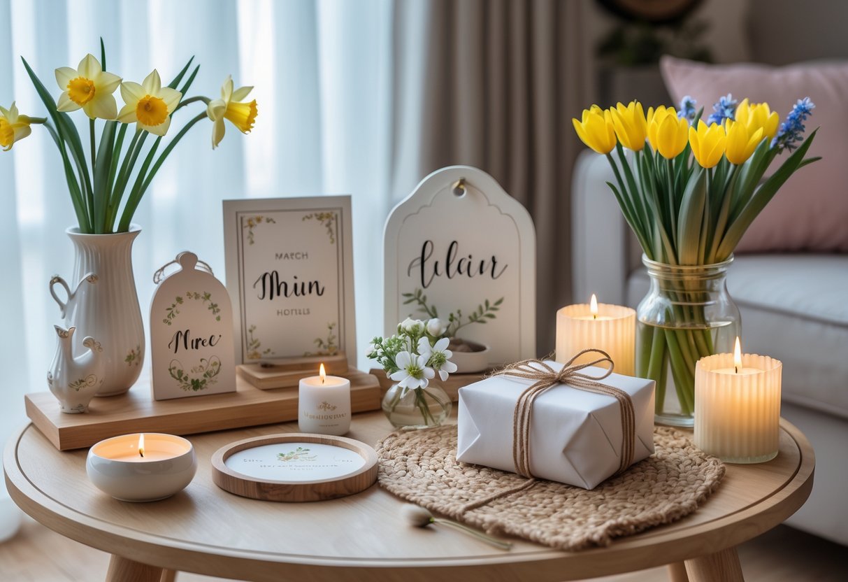 A cozy living room with fresh spring flowers, personalized decorative items, and a wrapped gift box on a wooden table.