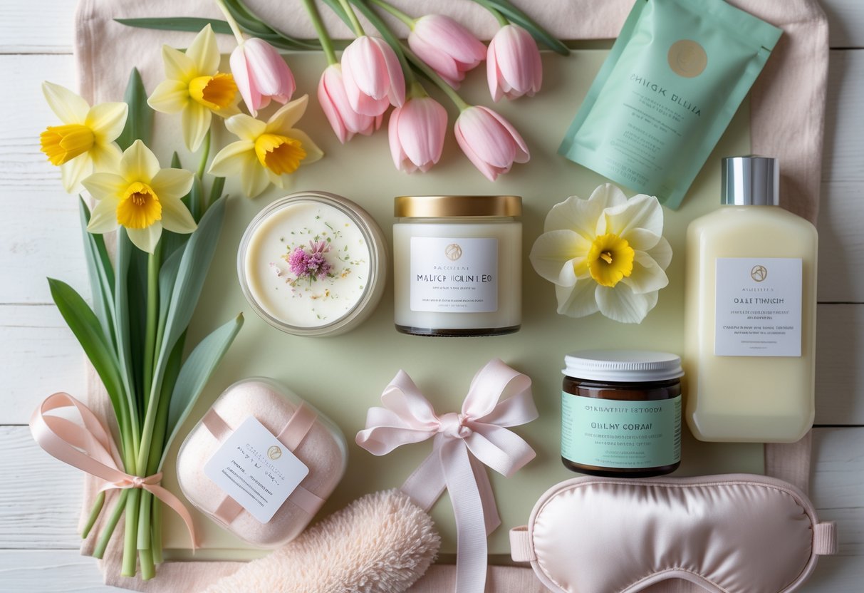 Flat lay of spring flowers and pampering self-care products arranged as a thoughtful birthday gift.
