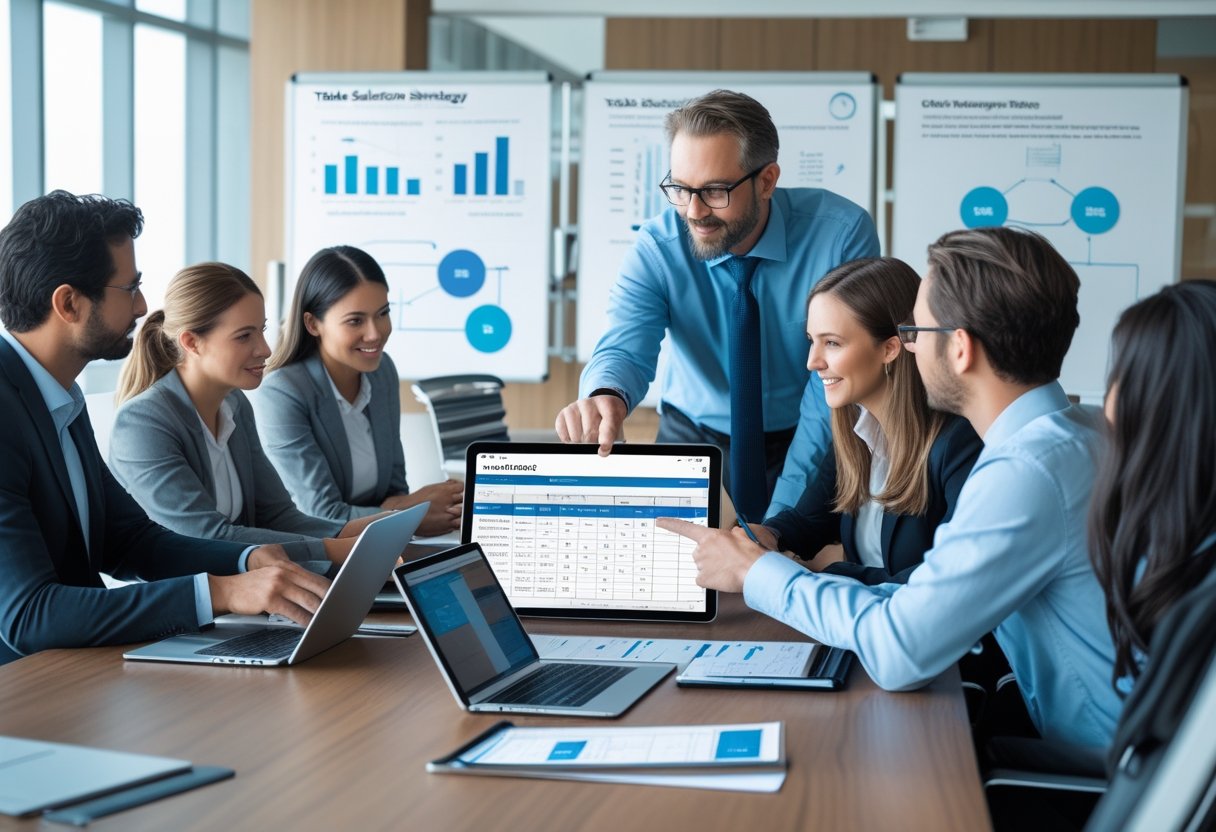A group of professionals collaborating around a conference table with laptops and charts, discussing data and strategies.