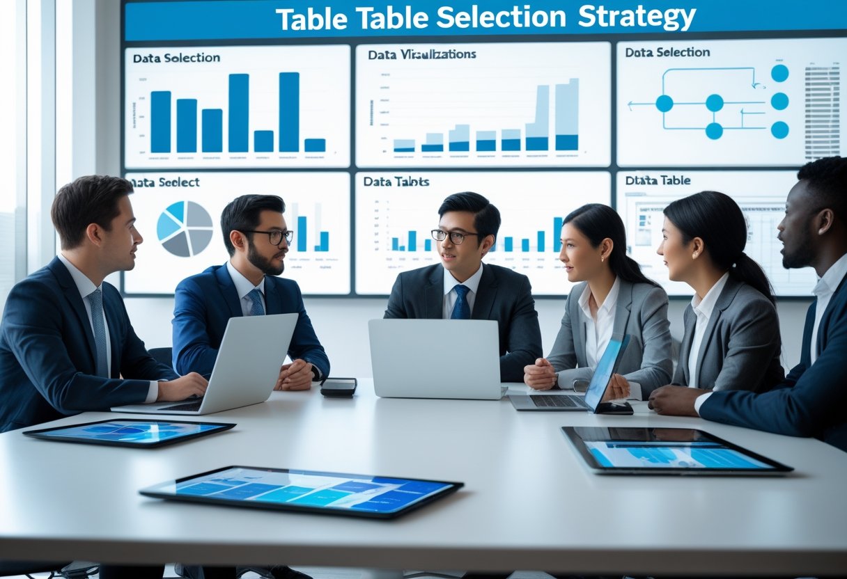 A group of business professionals around a conference table reviewing data on laptops and tablets during a meeting.