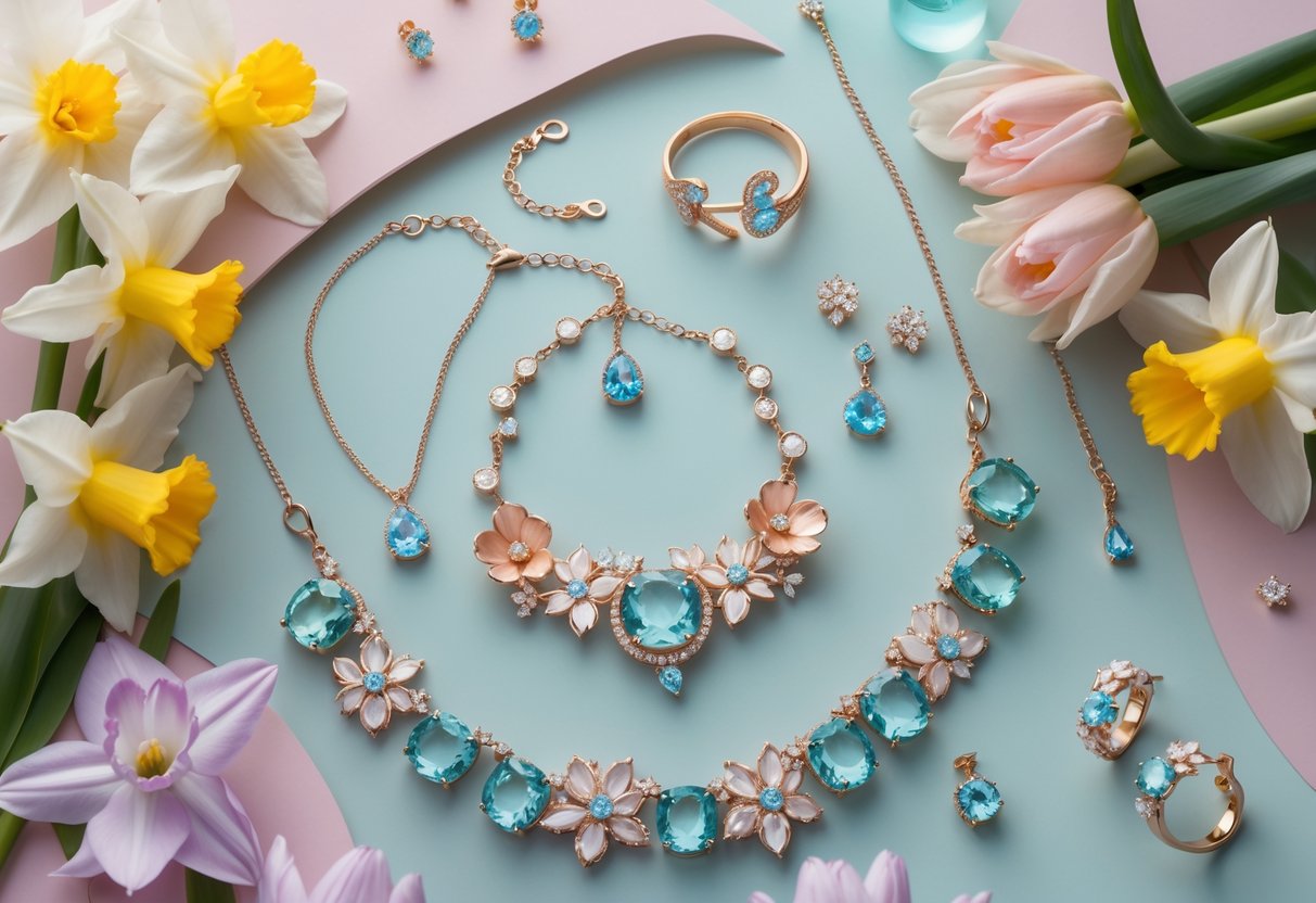 A collection of elegant jewelry and spring flowers arranged together as birthday gift ideas.