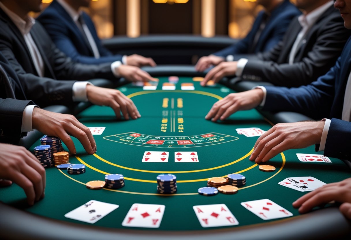 A poker table with chips, cards, and players' hands in a casino setting.