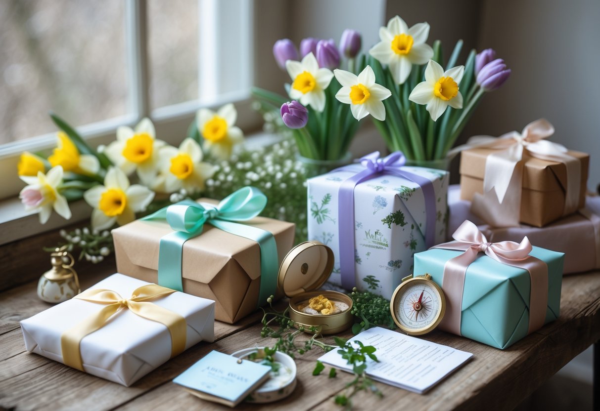 A table with spring flowers, gift boxes, a travel journal, and a compass arranged together, bathed in warm natural light.
