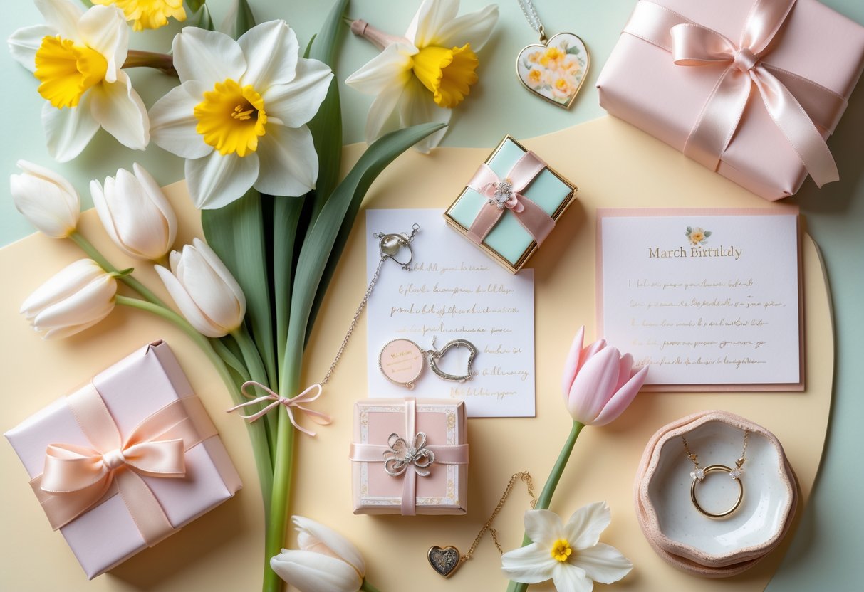 A collection of spring flowers and thoughtful gift items including a wrapped box, silver locket, handwritten note, and ceramic dish arranged on a pastel background.