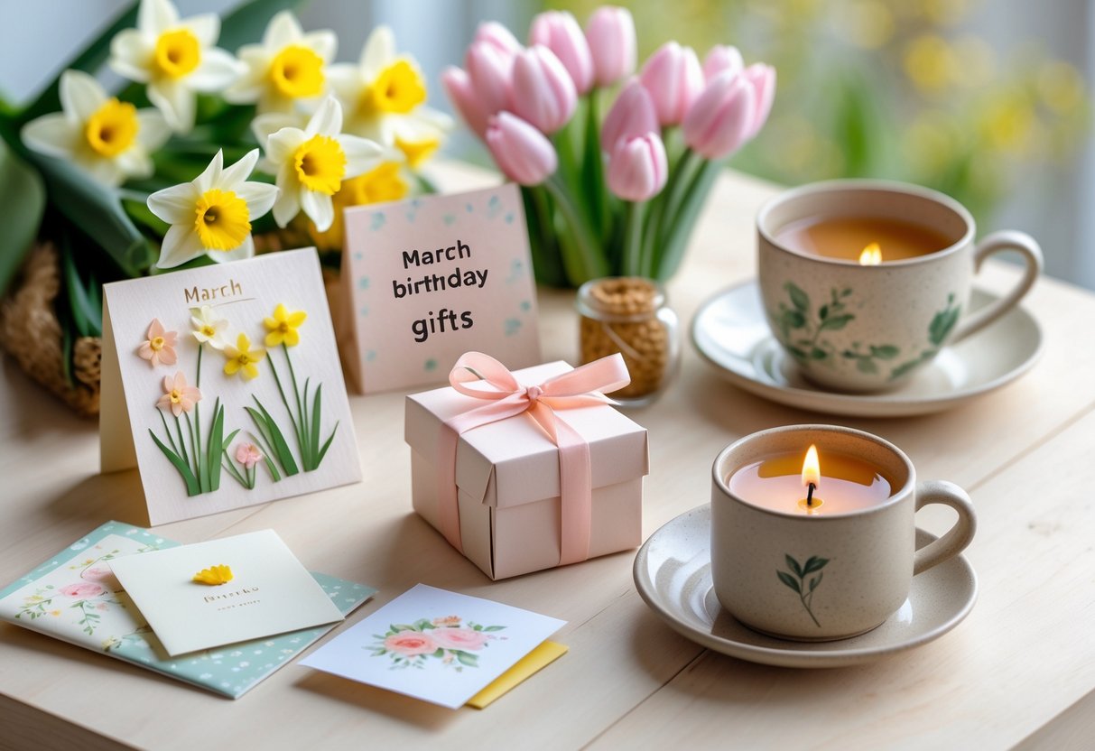 A table with spring flowers, a small wrapped gift, handmade cards, a scented candle, and a cup of tea arranged together.