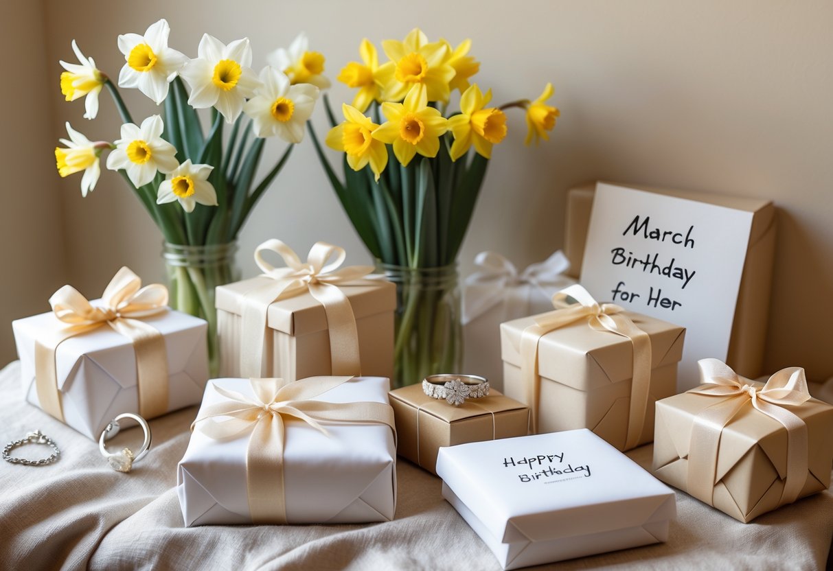A collection of March birthday gifts for her including blooming daffodils and tulips, wrapped presents, a handwritten card, and a piece of jewelry arranged on a soft background.