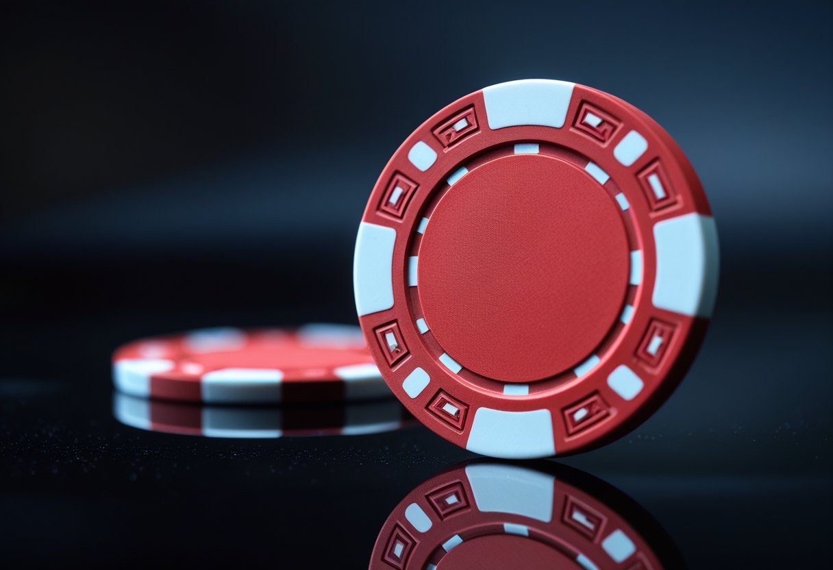 A single red casino chip on a reflective black surface.