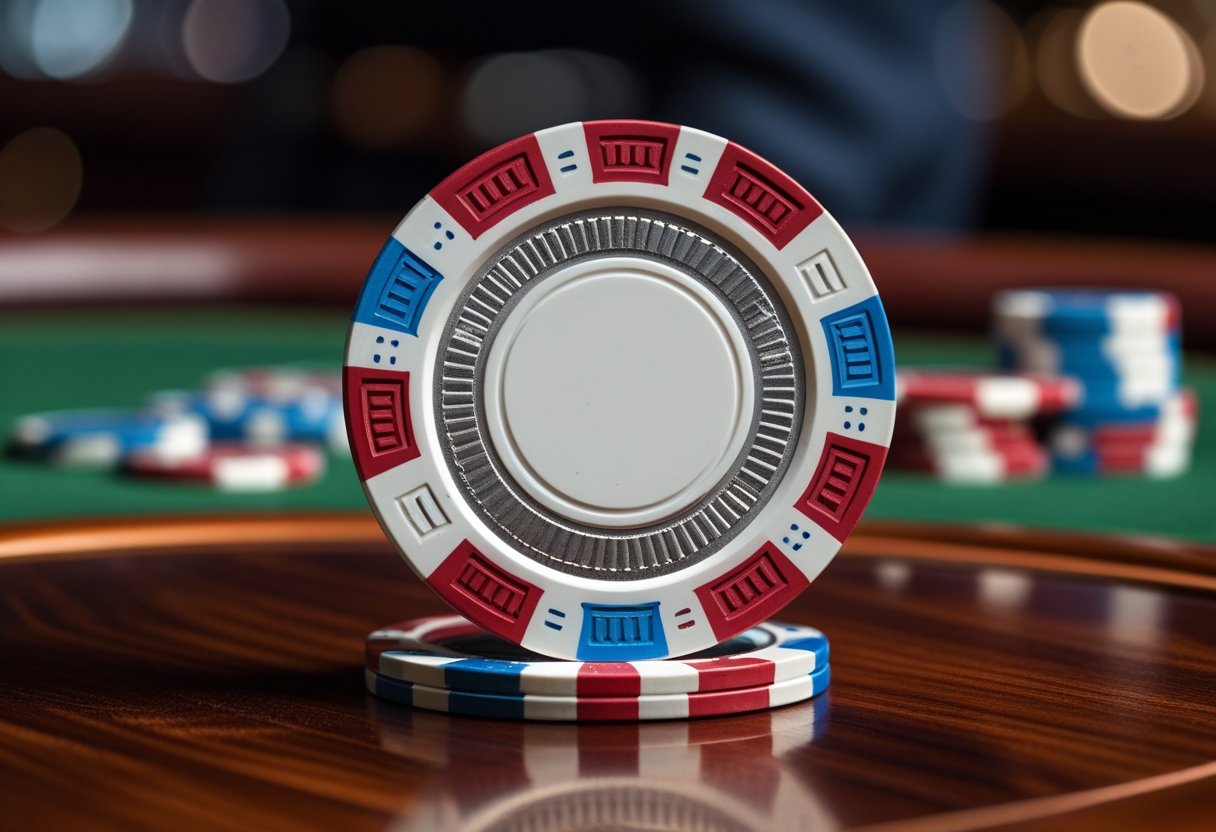 A close-up of a colorful casino chip on a polished wooden casino table with a blurred background.