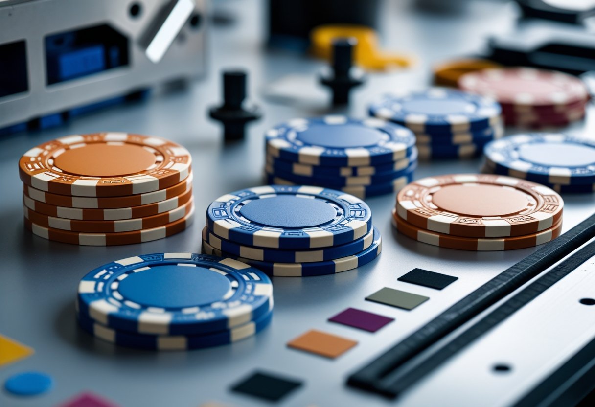 Close-up of casino chips with tools and materials used for their design and construction on a clean surface.