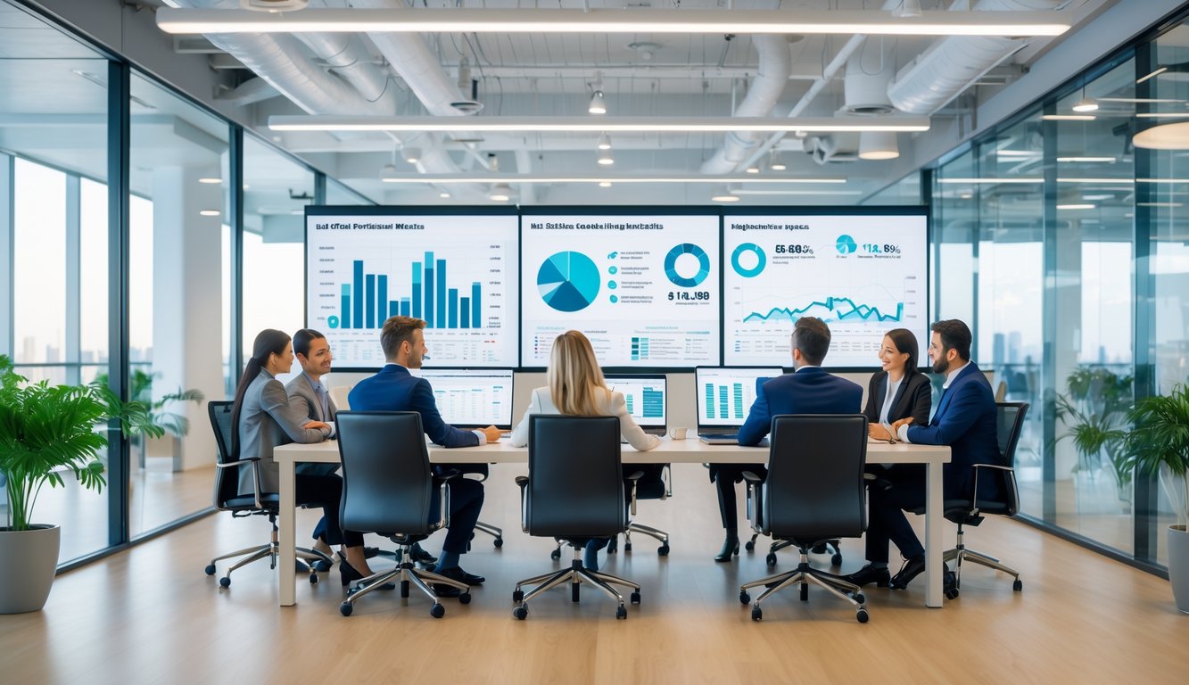 A group of business professionals collaborating around a table with digital devices and data charts in a modern office space.