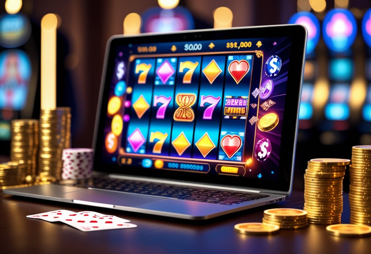 A laptop showing an online slot game with gold coins and poker chips on a table.