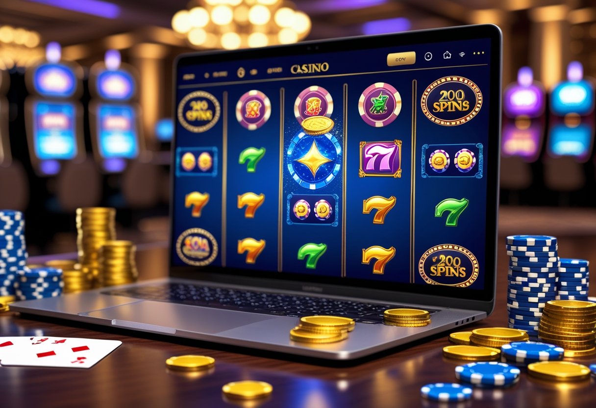 A laptop showing an online casino game surrounded by poker chips, playing cards, and gold coins on a table.