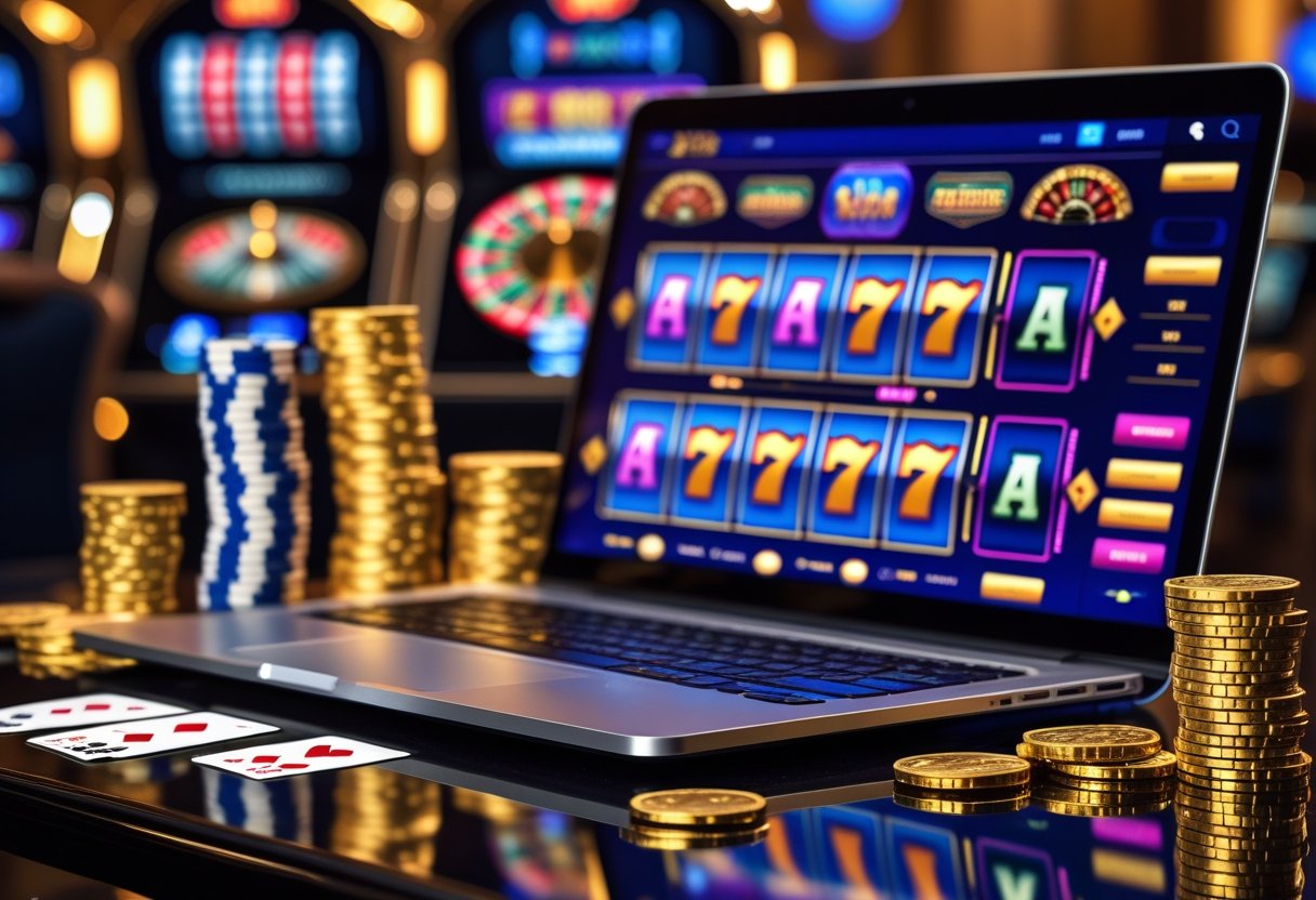 A modern digital setup showing a laptop with an online casino interface, surrounded by poker chips, gold coins, and playing cards on a polished surface.