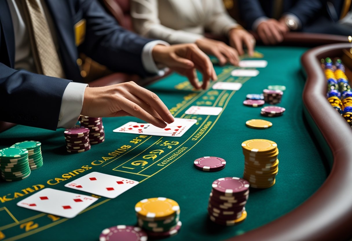 A blackjack table with playing cards and poker chips, and a dealer dealing cards to players.