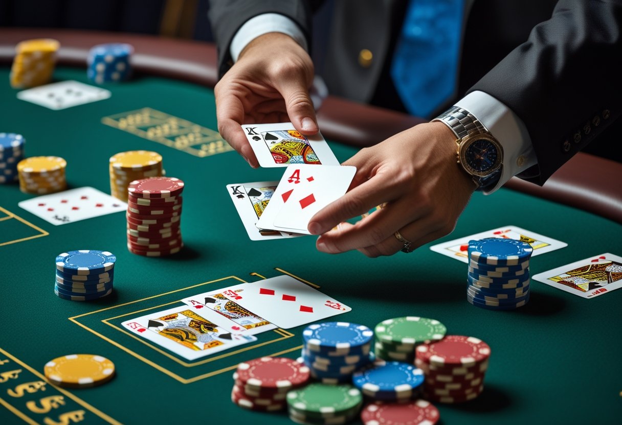 A casino blackjack table with a dealer dealing cards, poker chips, and playing cards showing a winning hand.