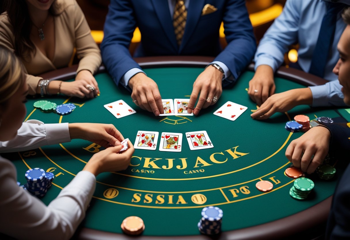 A group of people playing blackjack at a casino table with cards and poker chips.